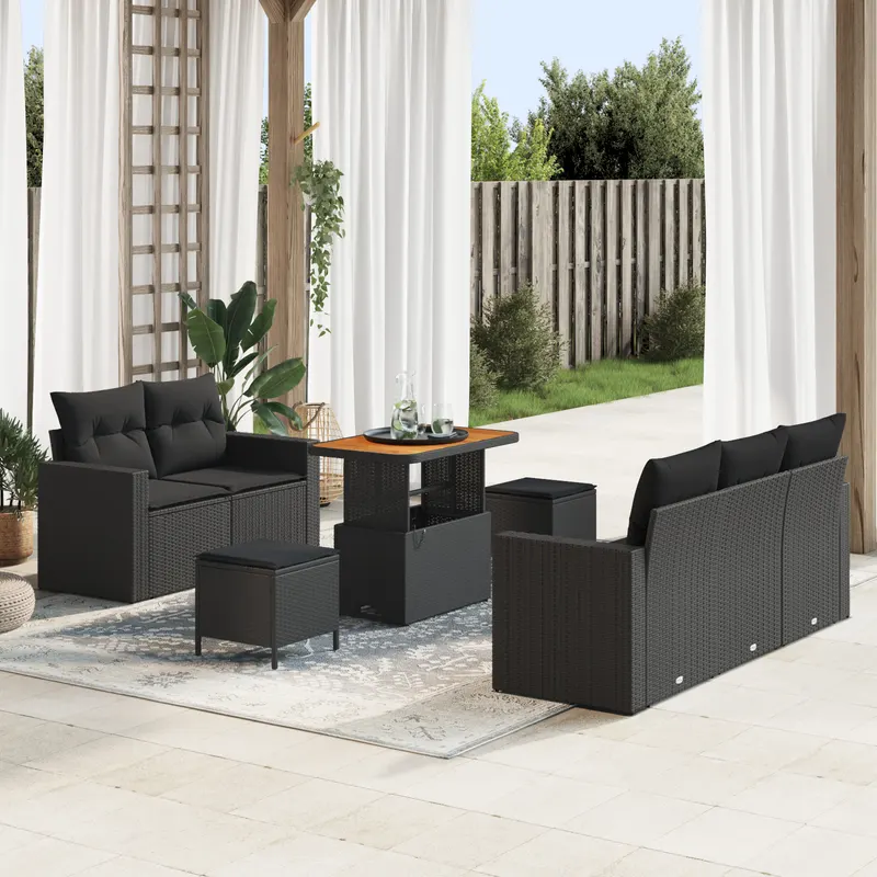Set canapea gradina cu 8 piese si perne ratan poli negru acacia, set masa gradina cu 3 piese si perne ratan poli negru acacia