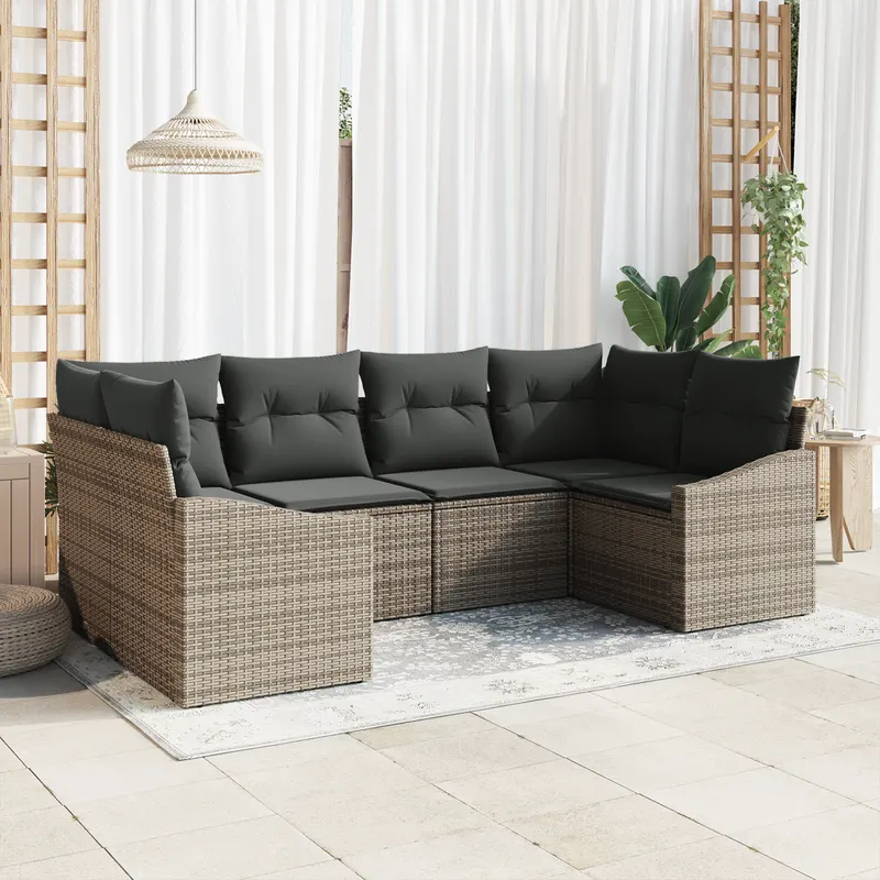 set canapea de gradina de 6 piese cu perne gri din poli ratan