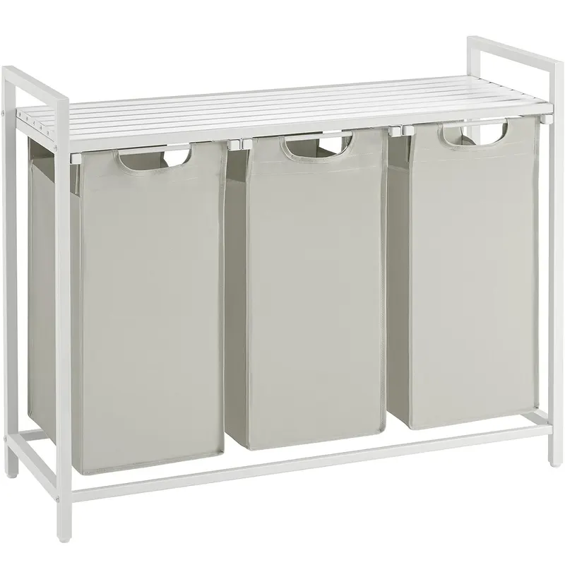 Cos de rufe, 3 compartimente, saci de rufe detasabili, raft, cadru metalic, 3x38L, 93x33x72 cm, alb