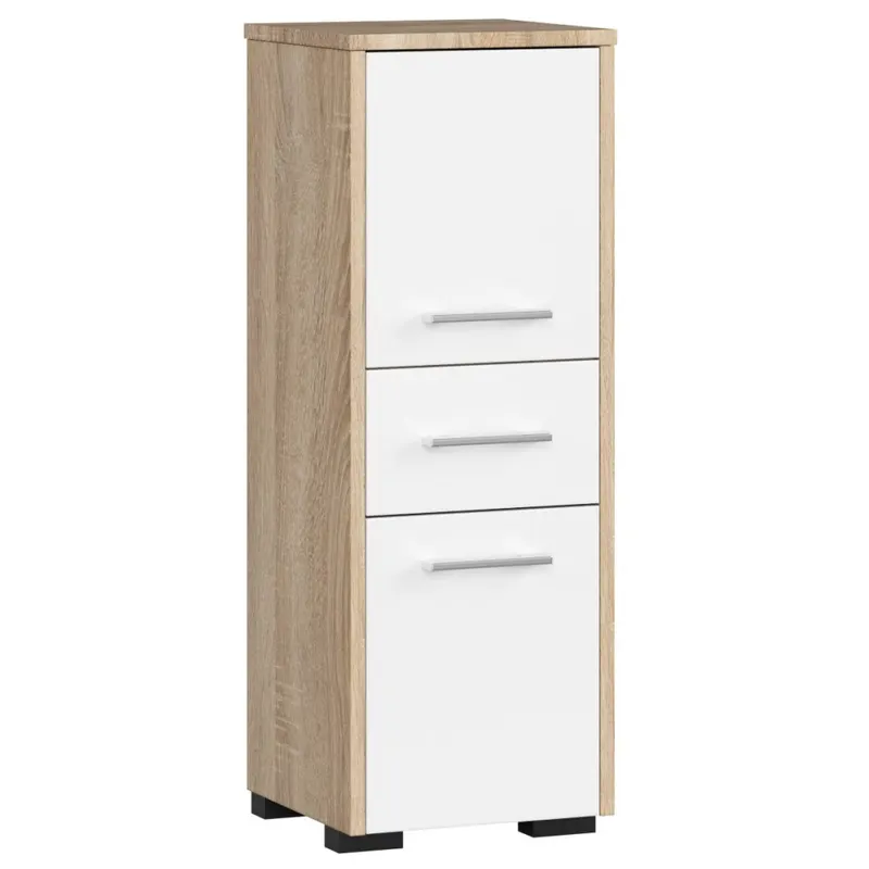 Dulap baie tip coloana cu 2 usi si sertar, PAL laminat, 30x30x85 cm, stejar sonoma si alb