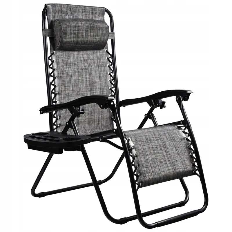 Sezlong pliabil pentru gradina cu tetiera, cadru metalic, suport pahare, maxim 120 kg, 174x65x112 cm, gri