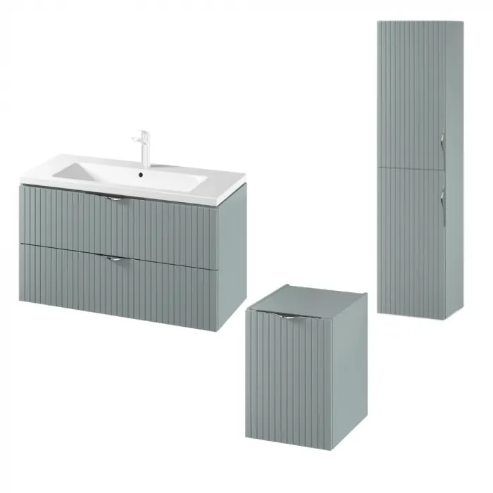 Set dulap baie suspendat 2 sertare si lavoar inclus 100 cm, dulap baie suspendat si dulap baie tip coloana, culoare fiord mat, MDF, Cersanit Tirso