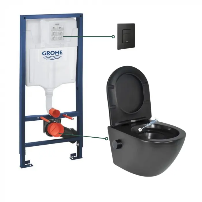 Set vas wc suspendat cu functie bideu si baterie inclusa negru mat Oslo, rezervor incastrat Grohe Solido 3 in 1