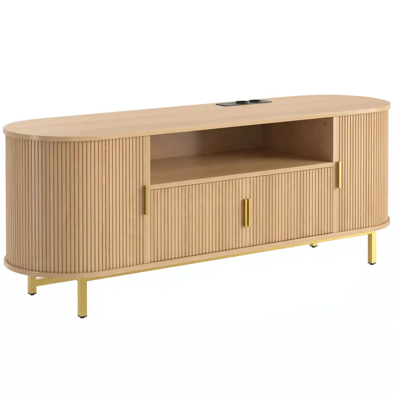 HOMCOM Comodă TV 140 cm cu 2 prize și 2 porturi, Comodă pentru 213,4 cm, 2 uși batante, 2 uși glisante, stejar