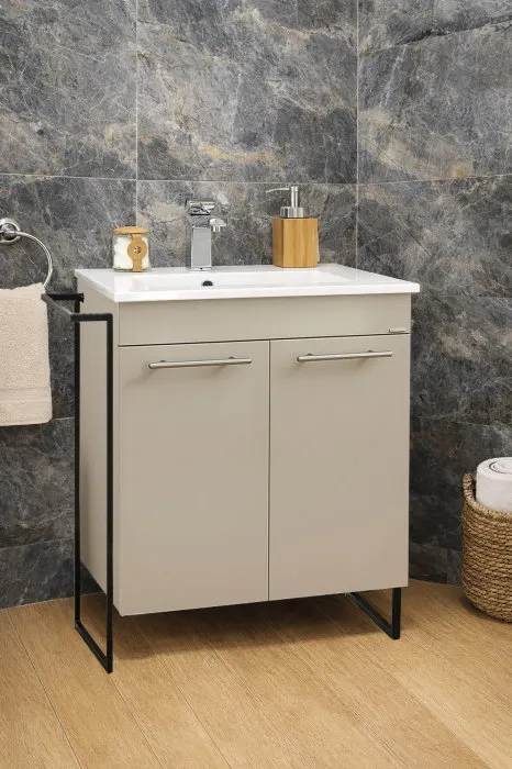 Set Baza front MDF si Lavoar seria 054, cadru metalic, montata, 60 cm, taupe