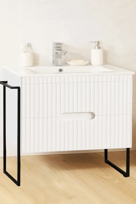 Set Baza front MDF si Lavoar seria 009, cadru metalic, cu sertare, 80 cm, alb