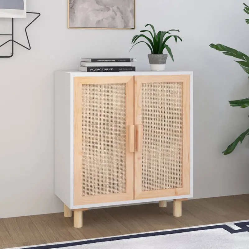 servanta, alb, 60x30x70 cm, lemn masiv pin si ratan natural