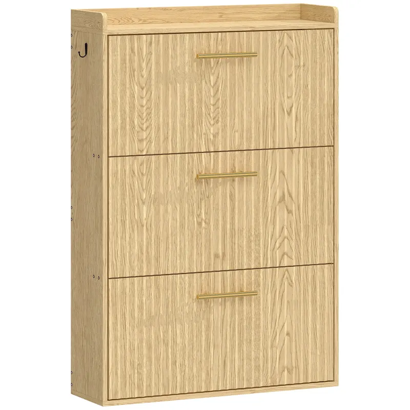 HOMCOM Pantofar Slim cu 3 Uși Rabatabile, Rafturi Reglabile pe 3 Niveluri, pentru 12-18 Perechi, Maro Deschis