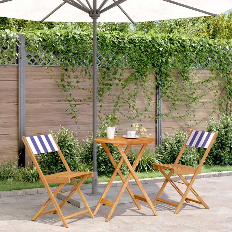 set mobilier bistro, 3 piese, textil albastru alb/lemn masiv