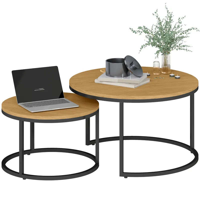 HOMCOM Set de 2 mese de cafea gigogne suprapozabil design industrial blat de ciment picioare din metal maro