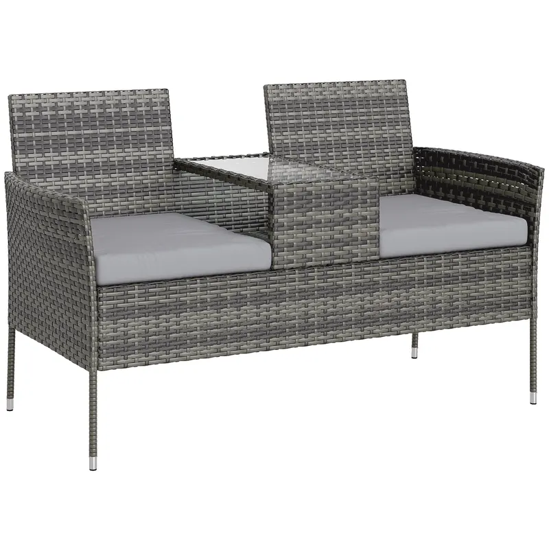 Outsunny Bancă de Grădină cu 2 Locuri din Rattan și Oțel, Bancă de Exterior cu Perne și Măsuță Centrală cu Blat din Sticlă Securizată, 135x64x81 cm, Gri Închis