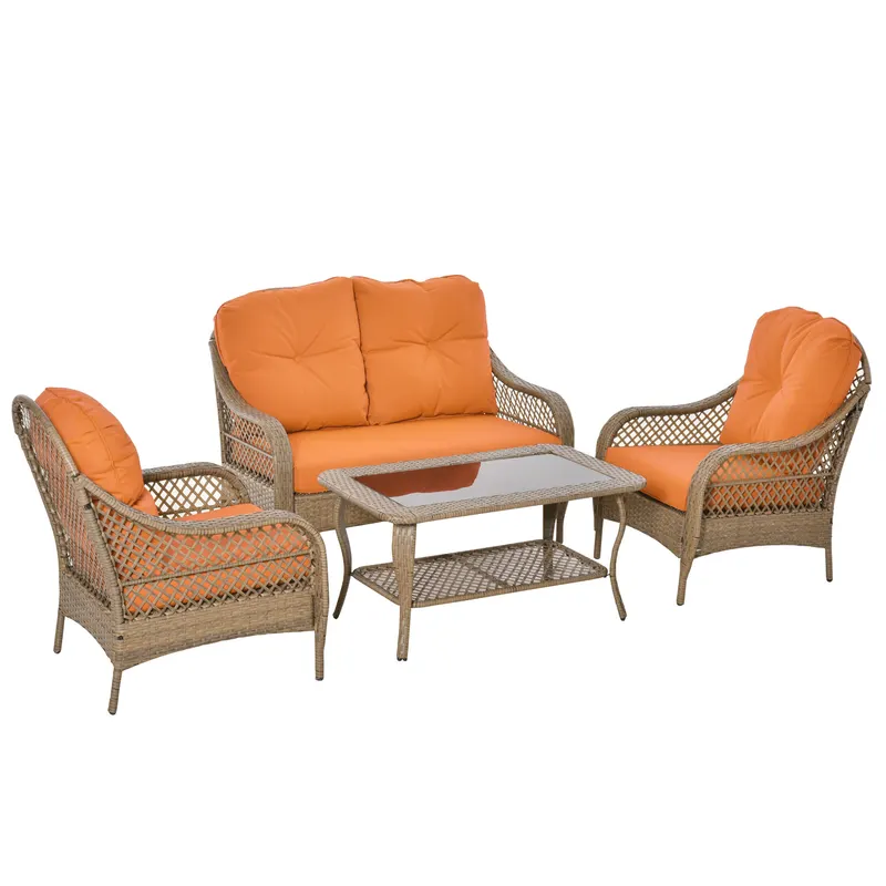 Set Mobilier de Gradina Outsunny, Ratan PE, 2 fotolii si Masa cu Perne, Kaki, Portocaliu