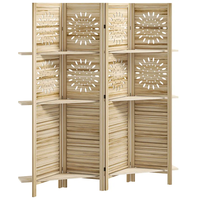 HOMCOM Paravan interior 4 panouri și 3 rafturi, 160 x 170 cm, separator de cameră pliabil, lemn de paulownia, lemn natural