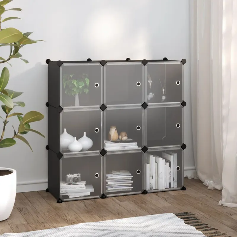 organizator cub de depozitare cu usi, 9 cuburi, negru, pp
