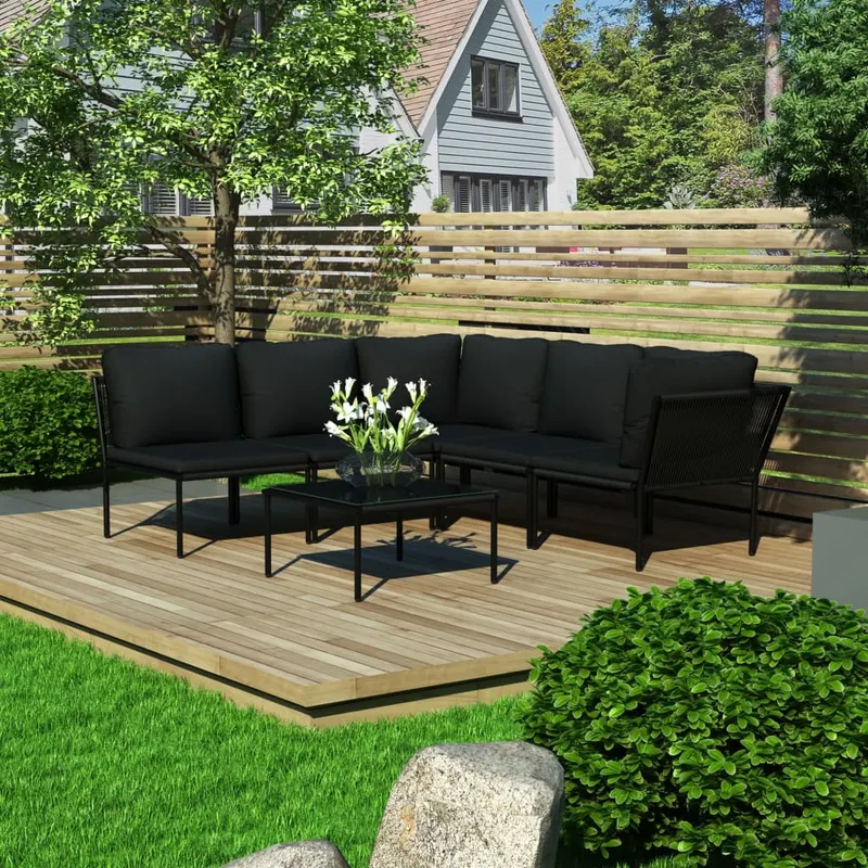 set mobilier de gradina cu perne, 6 piese, negru, pvc