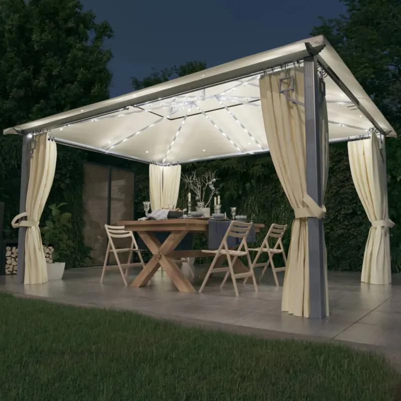pavilion cu perdele & siruri lumini led, crem, 4x3 m, aluminiu