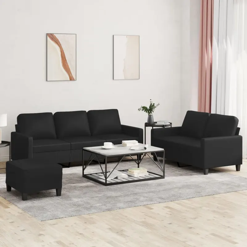 set de canapele cu perne, 3 piese, negru, piele ecologica