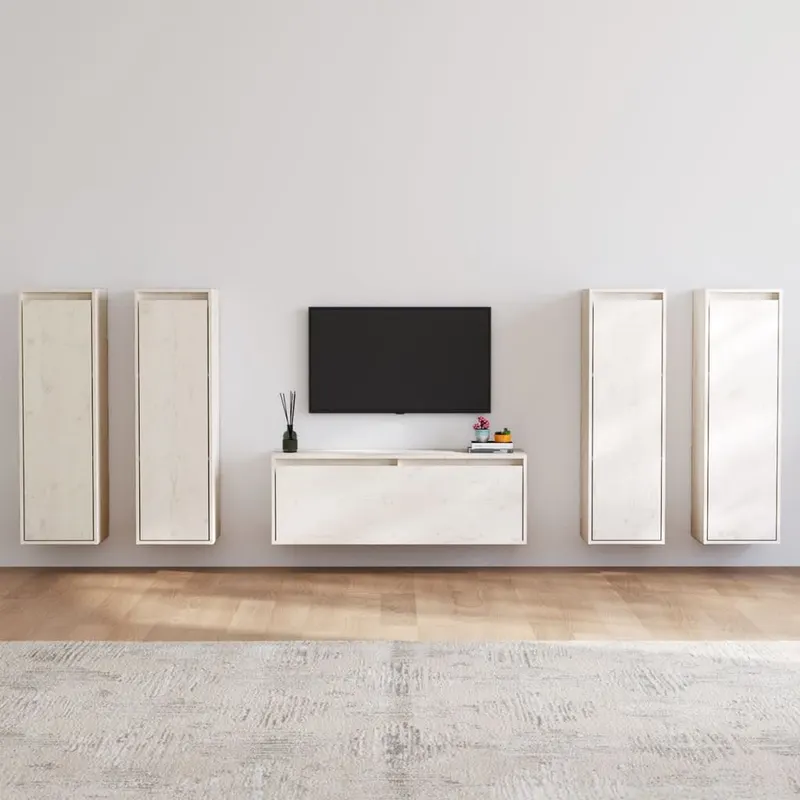 comode tv, 5 buc., alb, lemn masiv de pin