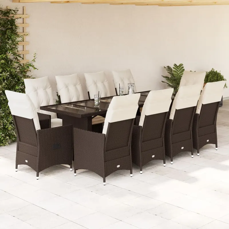 set bistro de gradina cu perne, 11 piese, maro, poliratan
