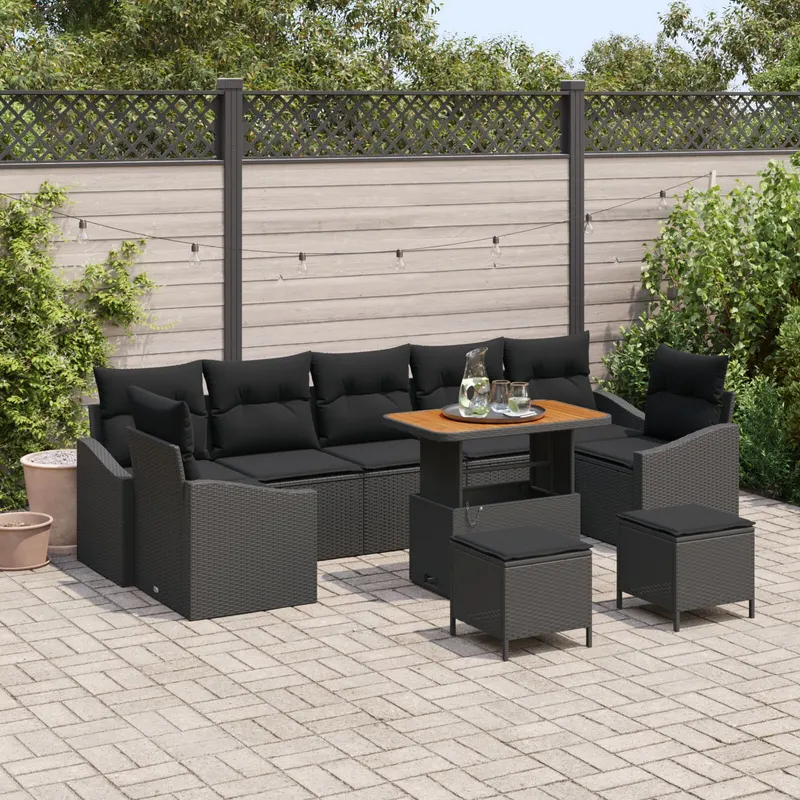 Set de sofa pentru gradina cu perne negre din ratan polimer acacia, sofa pentru gradina cu 2 locuri cu perne negre din ratan polimer, set de dining pentru gradina cu 3 piese cu perne negre din ratan polimer acacia