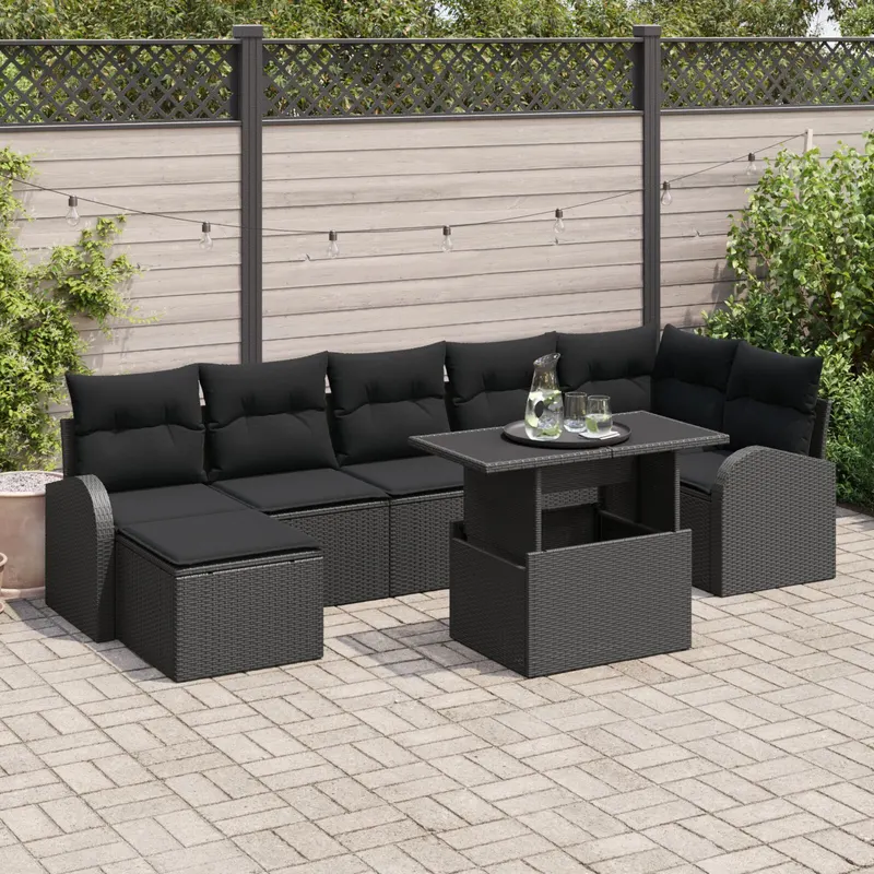 set de canapea de gradina cu 8 piese si perne, negru, ratan poliester
