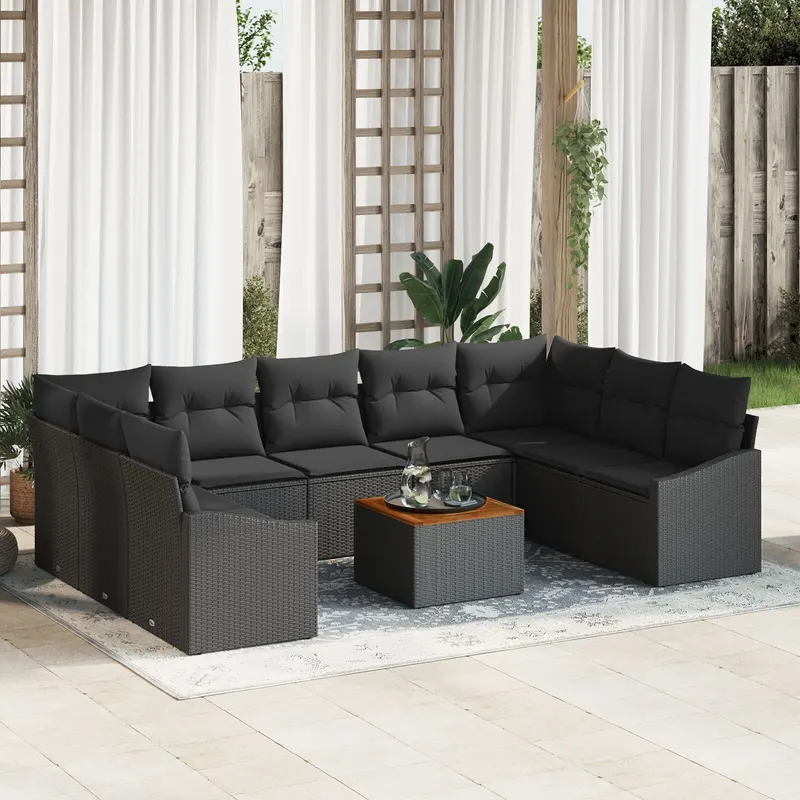 set canapea gradina 10 piese cu perne negru poliratan acacia