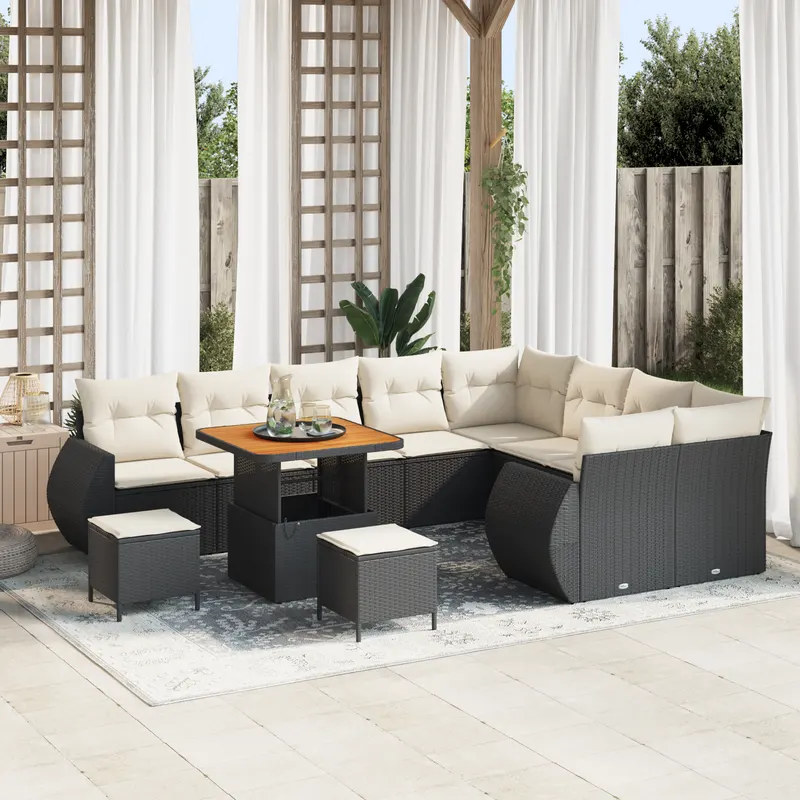 set canapea gradina 12 piese cu perne negru ratan poli acacia