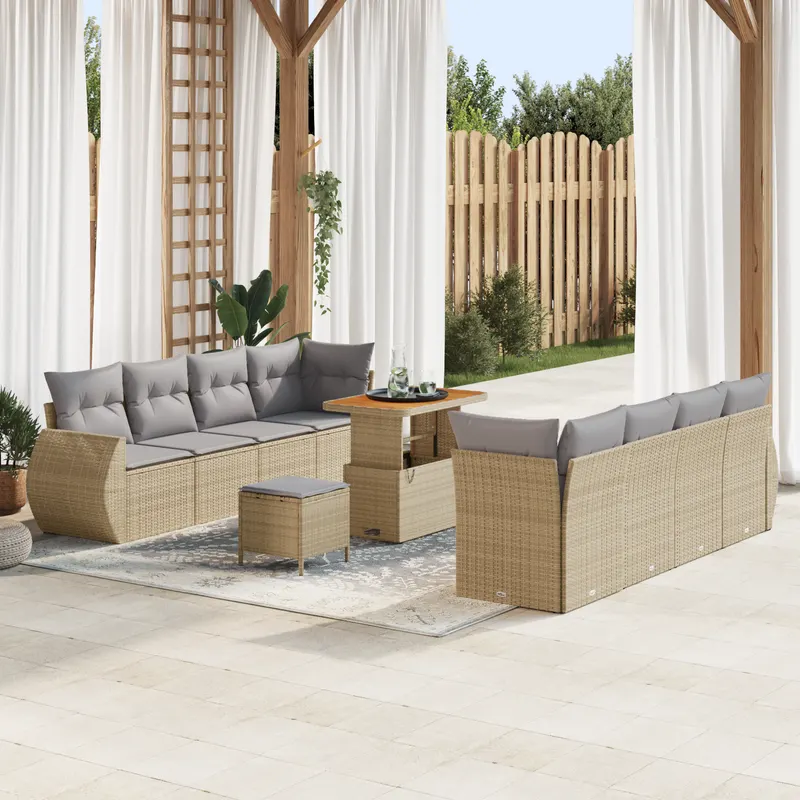 Set canapea gradina 11 piese pernute bej ratan poli acacia, set cina gradina 3 piese pernute bej ratan poli acacia