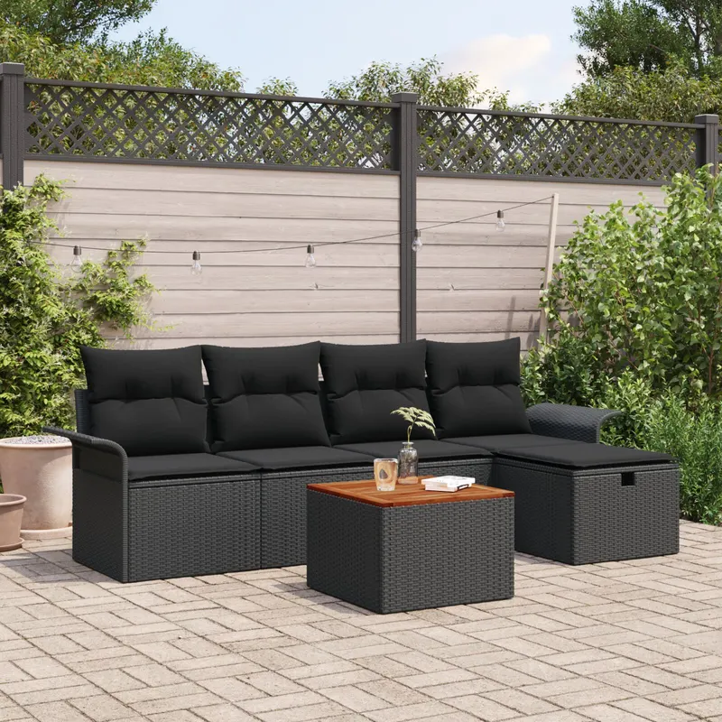 set canapea gradina cu 6 piese si perne negre ratan poliesteric