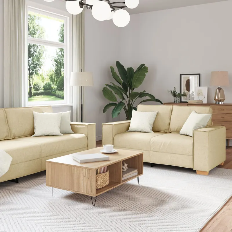 set canapea, 3 piese, perne crem, textil