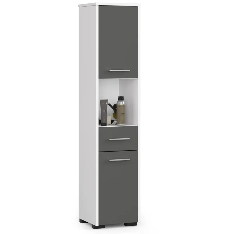 Dulap baie pal tip coloana 2 usi sertar rafturi, 30x30x140 cm, design modern, alb si gri
