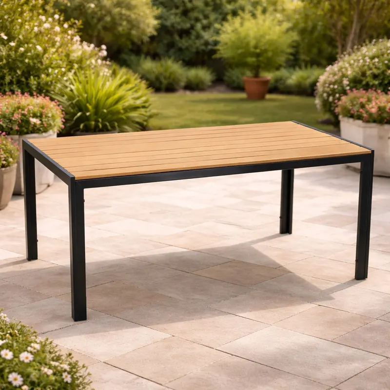 Masa de gradina, cadru otel, blat polywood cu aspect lemn, 150x90x73 cm, negru si maro natur