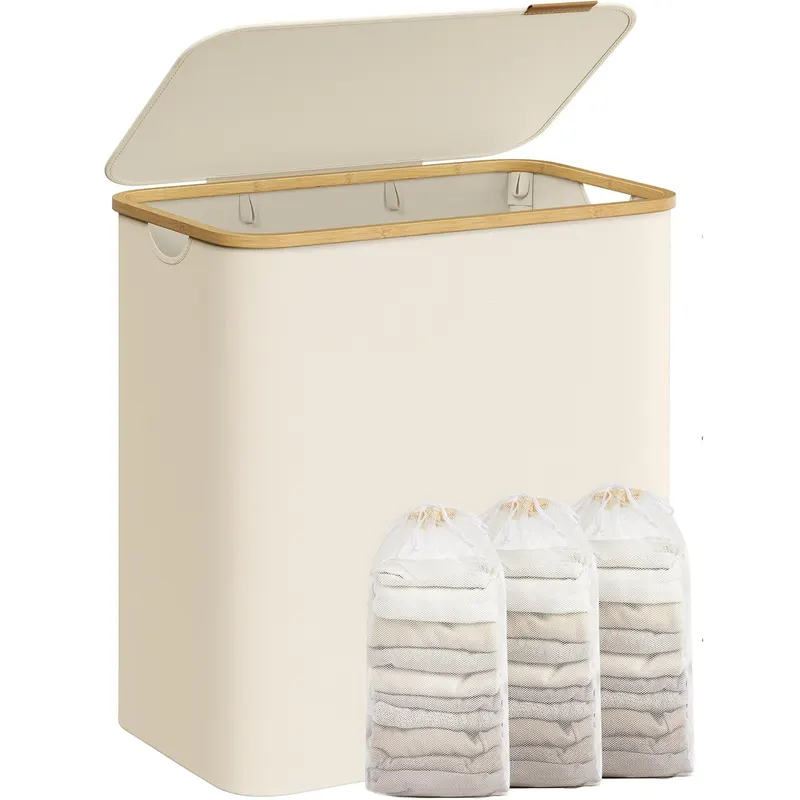 Cos de rufe textil, pliabil, cu 3 compartimente detasabile, 150L, 60x39x71 cm, crem