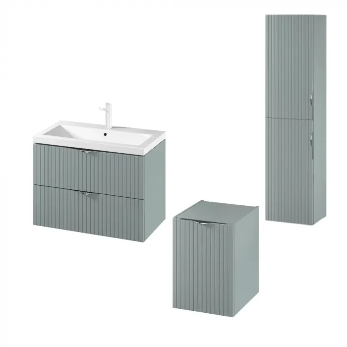 Set dulap baie suspendat 2 sertare si lavoar inclus 80 cm, dulap baie suspendat si dulap baie tip coloana, culoare fiord mat, MDF,Cersanit Tirso