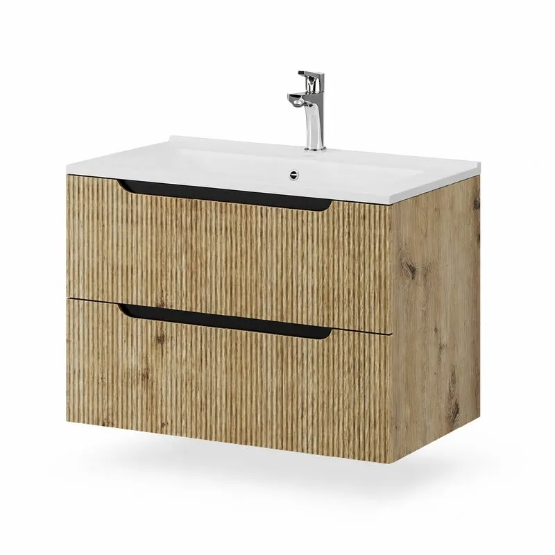 Mobilier lavoar pe blat Fluminia Malta, finisaj riflat, 80cm, 2 sertare soft close, Rovere Oro