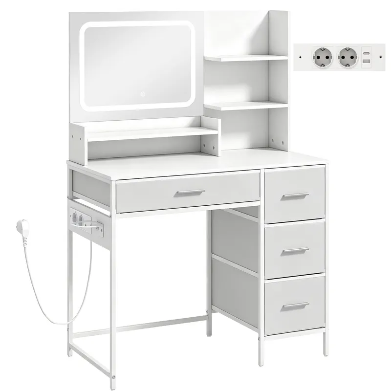 HOMCOM Masă de Toaletă Machiaj cu Oglindă LED 3 Culori, 4 Sertare și 5 Rafturi Deschise, 88x40x130 cm, Alb