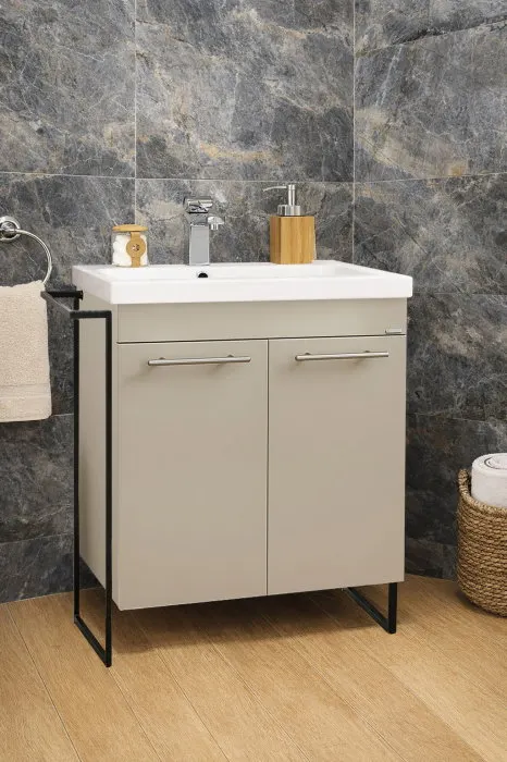 Set Baza front MDF si Lavoar seria 754, cadru metalic, montata, 60 cm, taupe