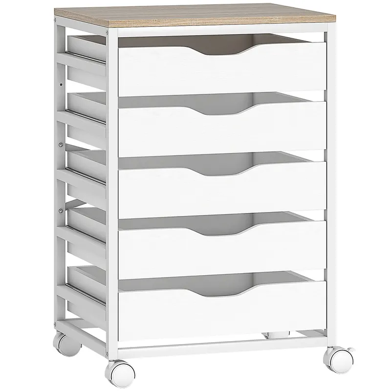 HOMCOM Corp birou mobil, mobilier de depozitare pe roți din lemn cu 5 sertare, mânere încastrate, 50 x 40 x 74,5 cm , alb