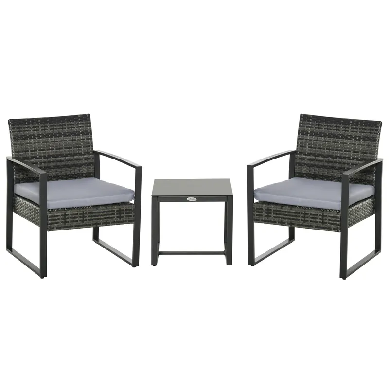 Set de mobilier de grădină Outsunny din ratan pentru 2 persoane, Set de mobilier de balcon din poliratan, Set de mobilier de balcon cu pernuțe, Grădină Gri