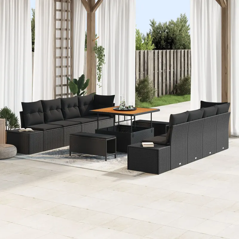 Set de sofa pentru gradina cu pernute negru poliratan acacia, sofa pentru gradina cu pernute negru poliratan, set de dining pentru gradina cu pernute negru poliratan acacia