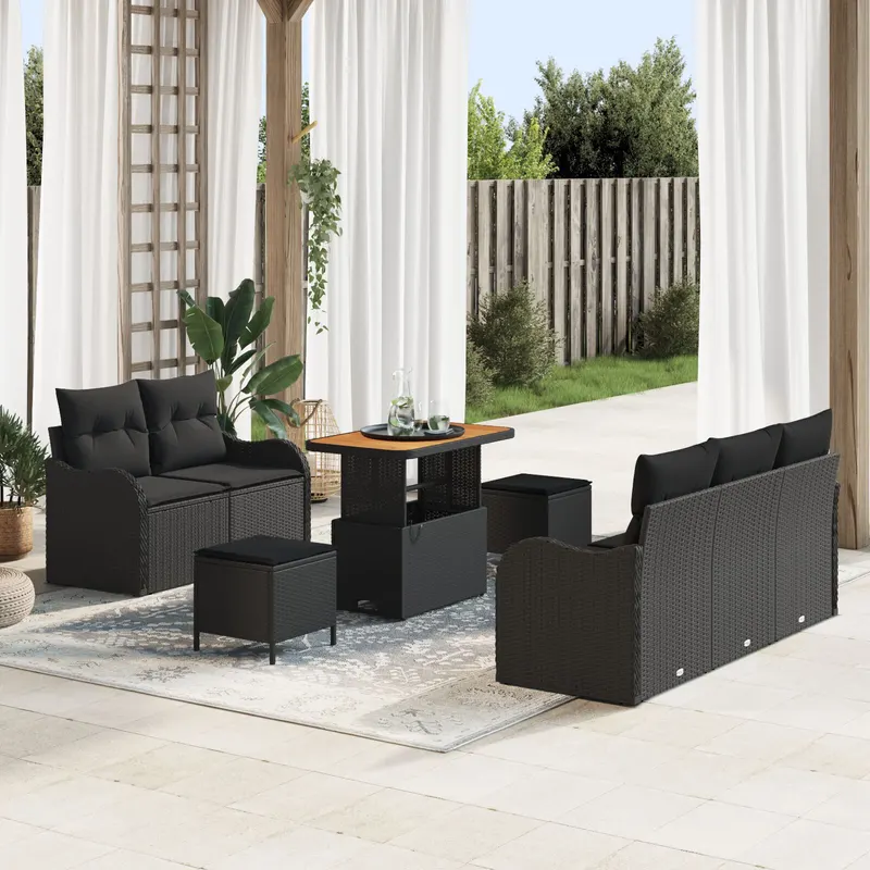 Set de sofa de gradina 8 piese cu pernute negru poliratan acacia, sofa de gradina 2 locuri cu depozitare si pernari negru poliratan, set de dining de gradina 3 piese cu pernute negru poliratan acacia