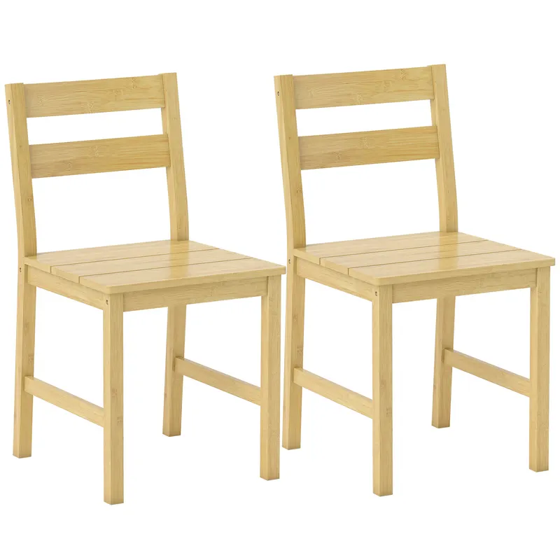 HOMCOM Set de 2 Scaune de Masă din Bambus, Scaune de Bucătărie cu Spătar Curbat, Șezut cu Lamele, Scaun pentru Bucătărie, Dormitor, Living, Culoare Naturală