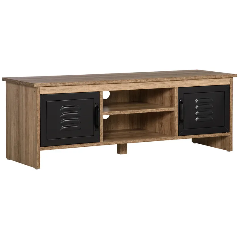 HOMCOM Comodă TV 110 cm, Design Industrial, cu 2 dulapuri, 2 nișe, 2 orificii pentru cabluri, Aspect lemn cu vene, Uși metal negre