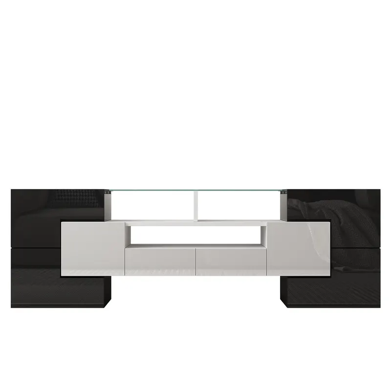 Dulap TV cu iluminare LED, suprafețe din sticlă, cu 6 uși, 2 sertare și 3 compartimente, 145x30x51 cm, Alb+Negru