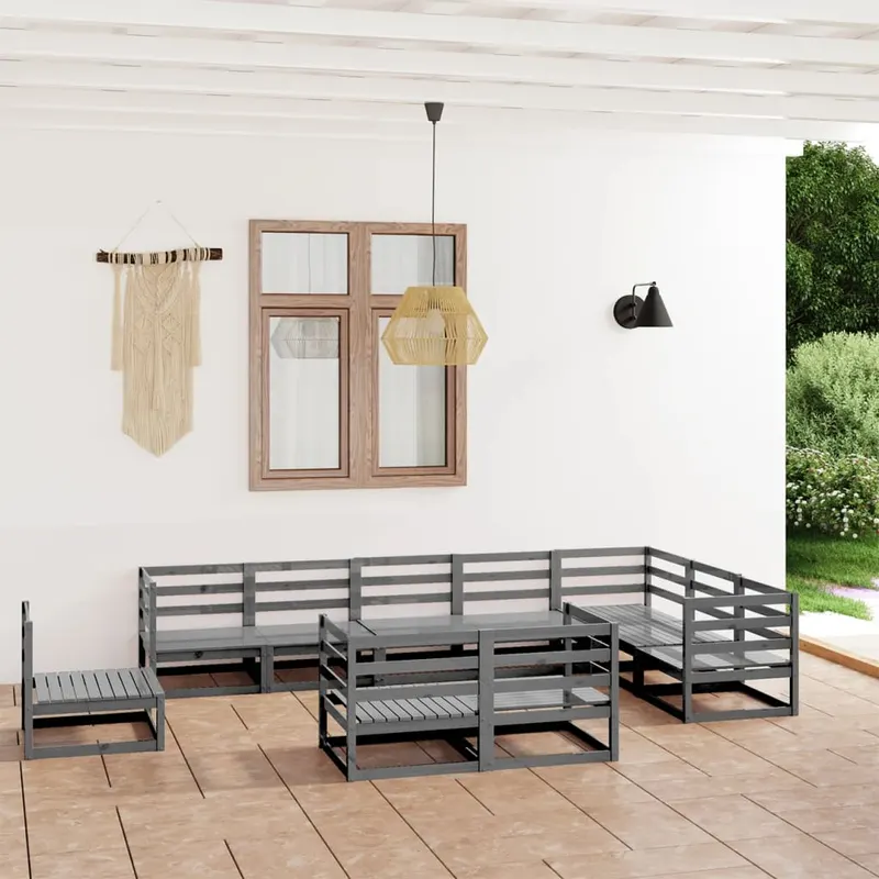 set mobilier de gradina, 10 piese, gri, lemn masiv de pin