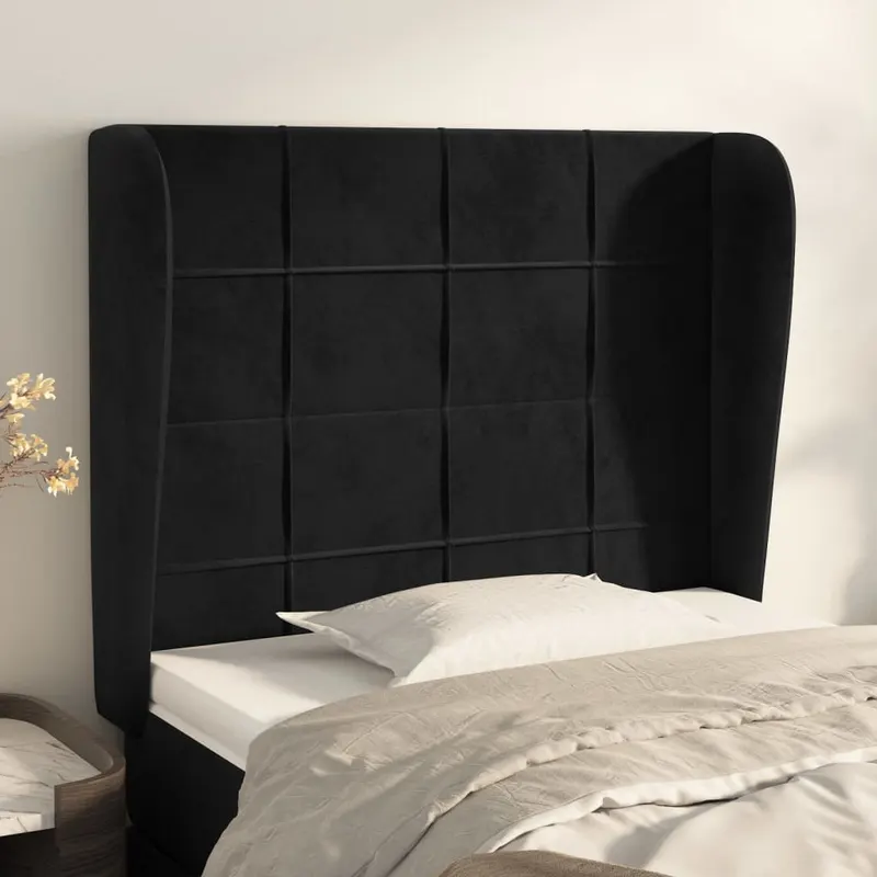 Tablie de pat cu aripioare, negru, 83x23x118/128 cm, catifea
