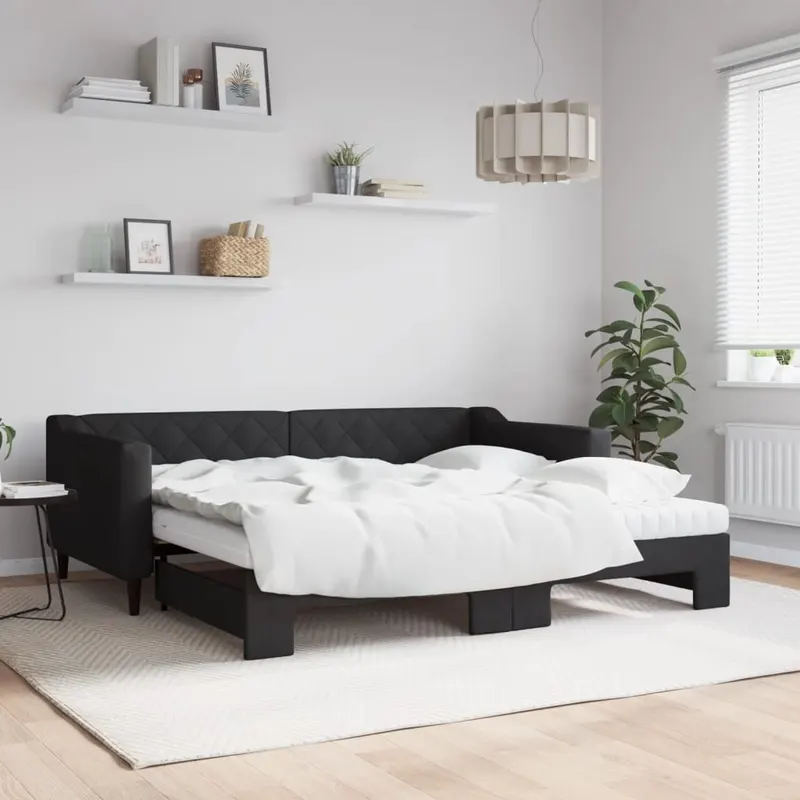 pat de zi cu extensie si saltele, negru, 90x190 cm, textil