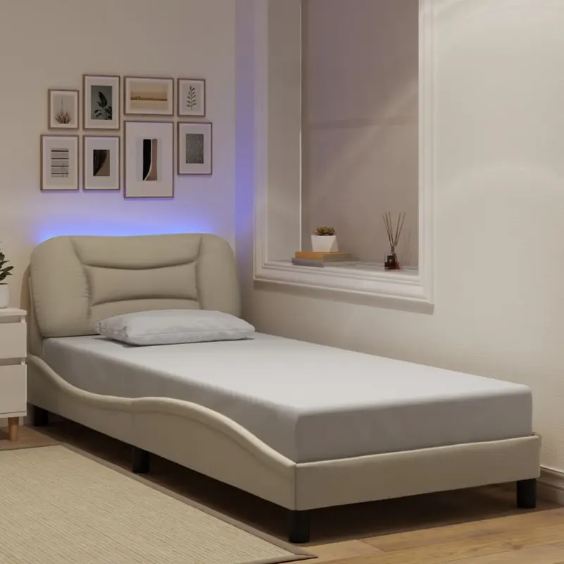 cadru de pat cu lumini led, crem, 90x200 cm, textil