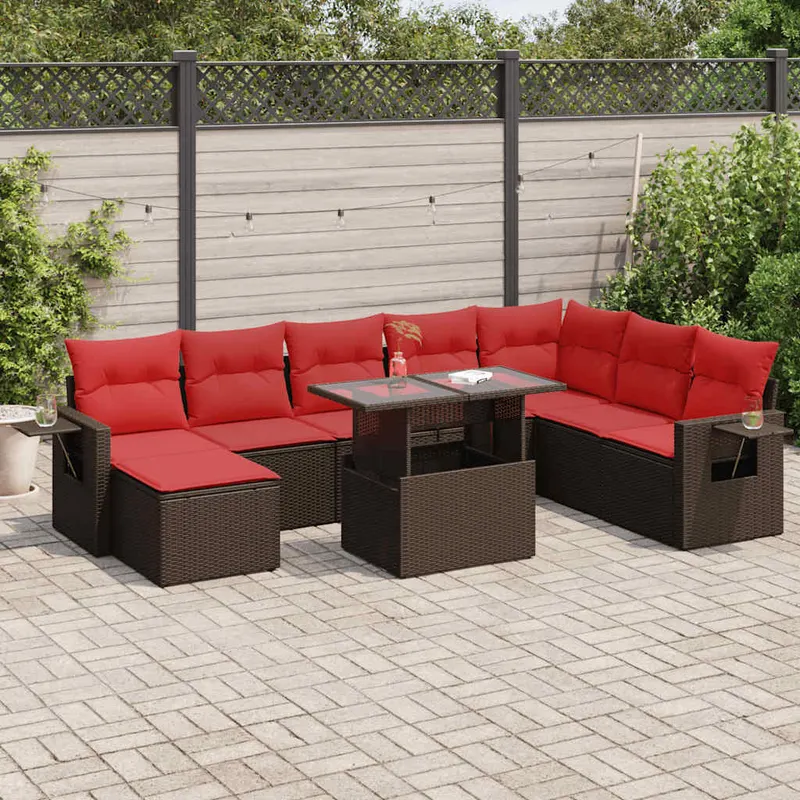 set mobilier gradina perne 9 piese negru poliratan/lemn acacia