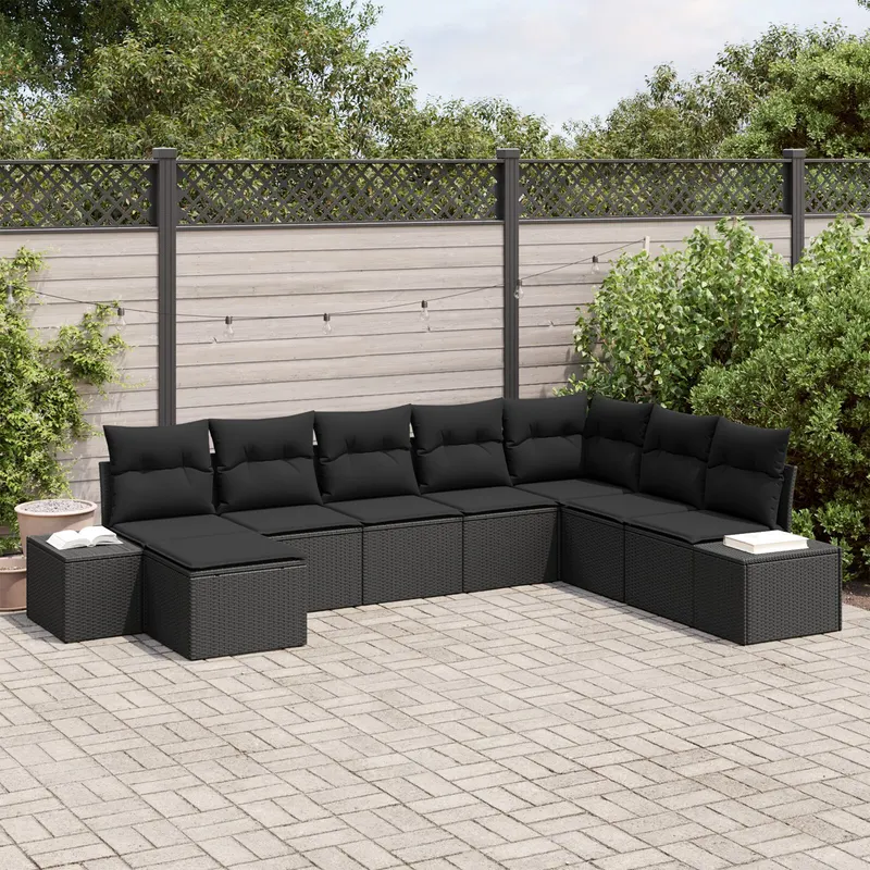 set de canapea de gradina cu 8 piese si perne, poliratan negru